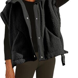 Women's Fuzzy Fleece Oversized Sleeveless Sherpa Jacket Warm Button Down Gilet O